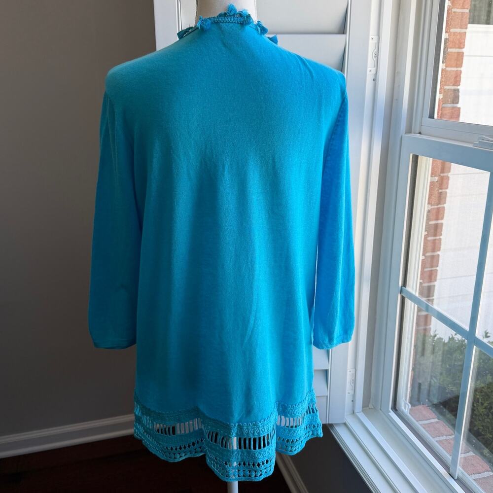 CHICO'S Blue Linen Blend Tassel Trim Open Front Cardigan Boho Sweater Size 1 - Picture 3 of 12